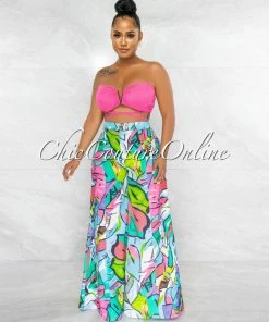 Vendor-unknown JUST IN Balvina Hot Pink Gold Accent Top Multi-Color Pants Set