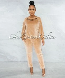 Vendor-unknown Kiki Nude Velvet Gold Link Jogger & Sweater Set