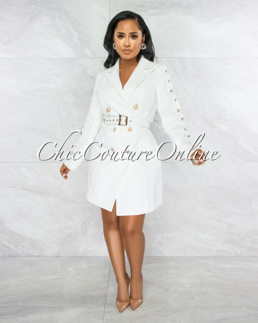 Vendor-unknown Rusalka Off-White Double Trench Gold Buttons Belt Dress