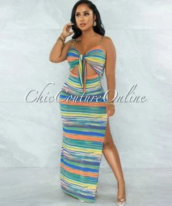 Chic Couture Online Shyla Blue Yellow Stripes Cut-Out Front Tie Maxi Dress