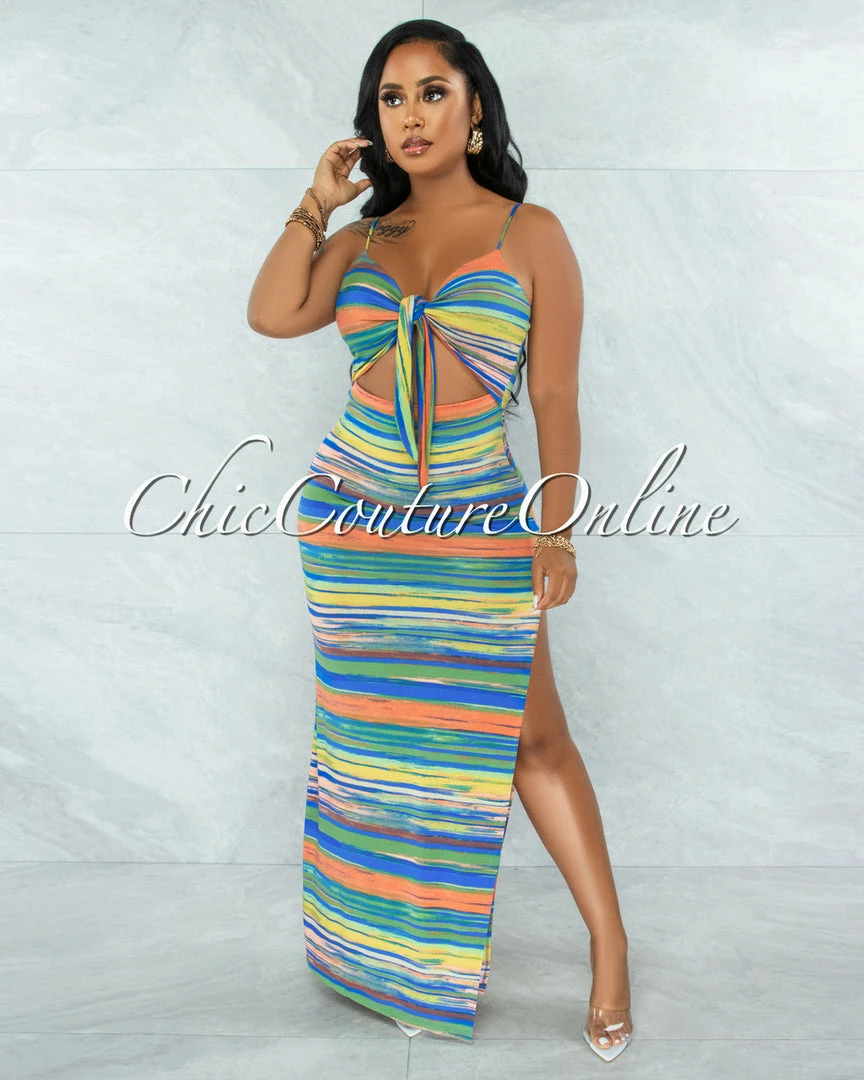 Chic Couture Online Shyla Blue Yellow Stripes Cut-Out Front Tie Maxi Dress