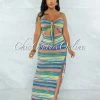 Chic Couture Online Shyla Blue Yellow Stripes Cut-Out Front Tie Maxi Dress