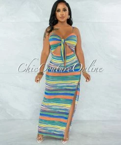 Chic Couture Online Shyla Blue Yellow Stripes Cut-Out Front Tie Maxi Dress