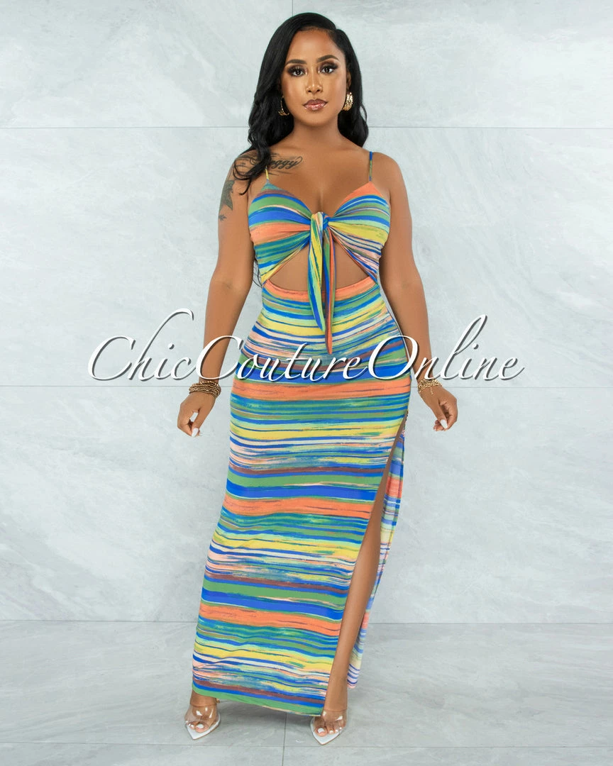 Chic Couture Online Shyla Blue Yellow Stripes Cut-Out Front Tie Maxi Dress