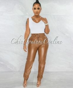 Vendor-unknown JUST IN Pollard Camel Faux Leather Jogger Pants