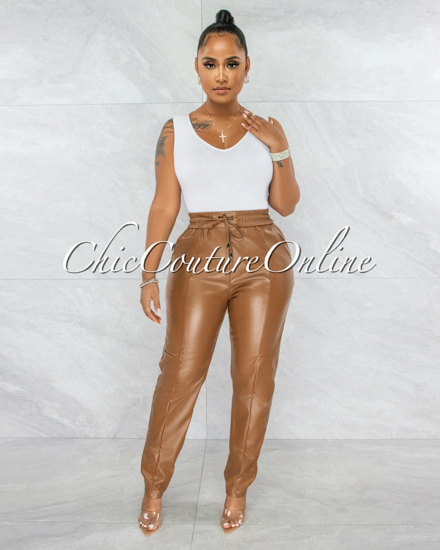 Vendor-unknown JUST IN Pollard Camel Faux Leather Jogger Pants