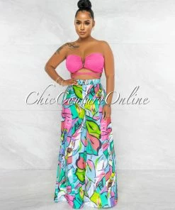 Vendor-unknown JUST IN Balvina Hot Pink Gold Accent Top Multi-Color Pants Set