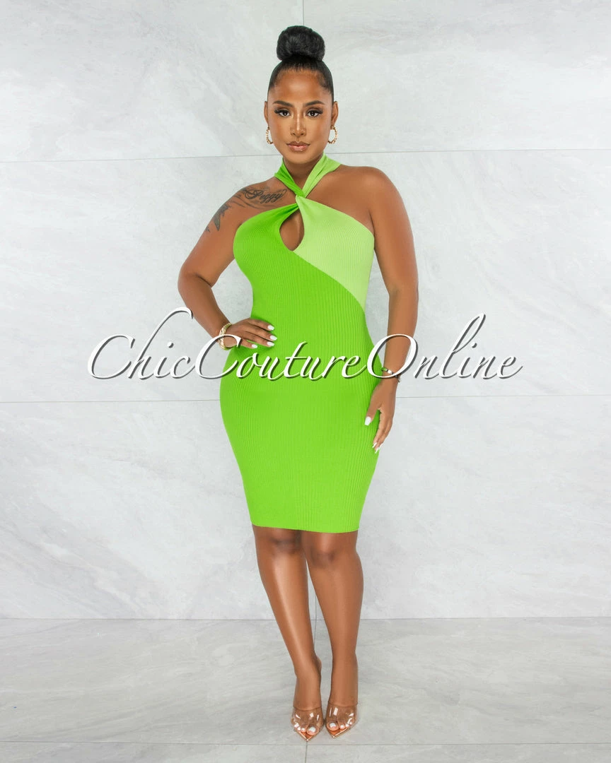 Chic Couture Online Nicola Green Two-Tone Torn Bust Ribbed Midi Dress JUST IN