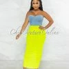 Vendor-unknown JUST IN Andrea Light Denim Top Neon Lime Hem Ruched Dress