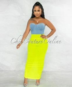 Vendor-unknown JUST IN Andrea Light Denim Top Neon Lime Hem Ruched Dress