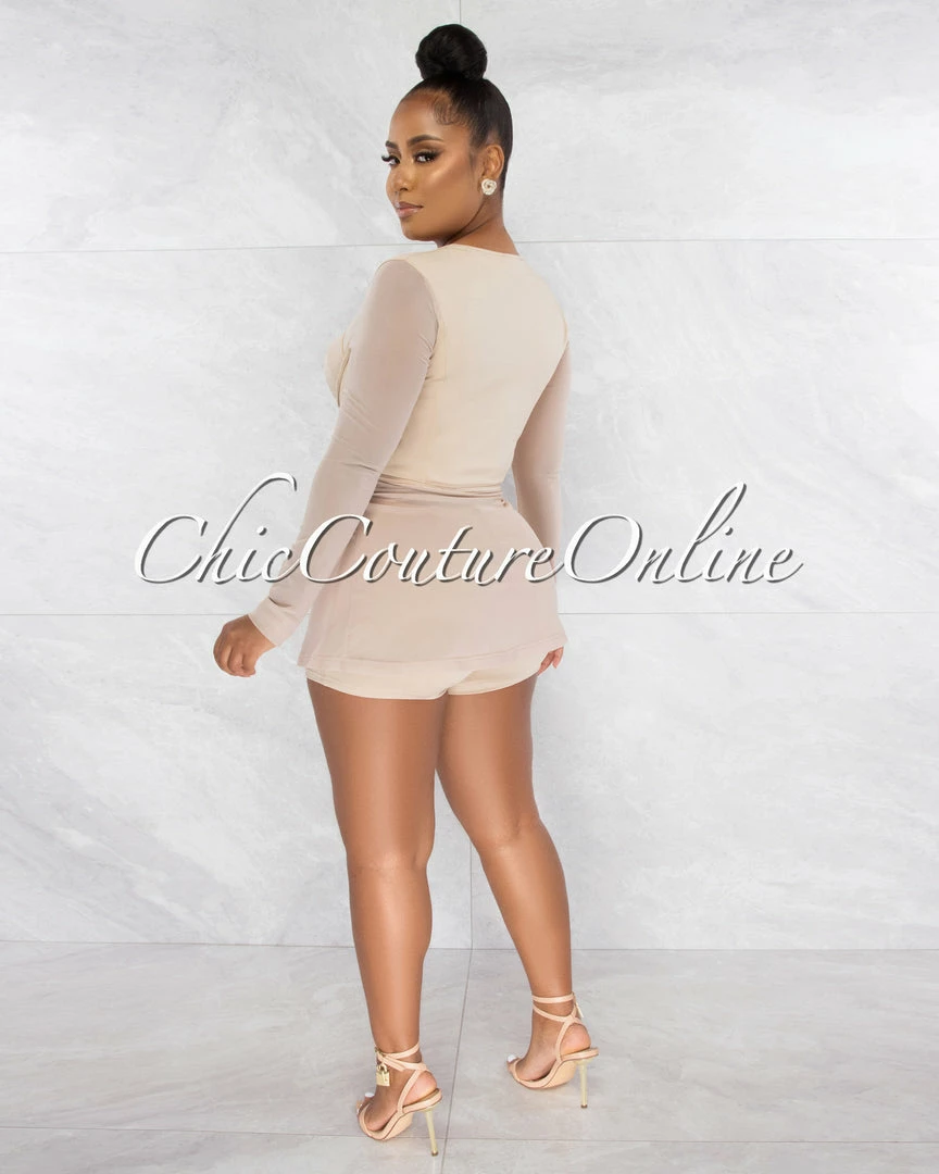 Chic Couture Online Priyah Nude Long Peplum Mesh Top & Shorts Set