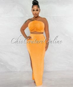 Chic Couture Online Lucille Orange Ruched Silver Accent Top & Maxi Slit Skirt Set JUST IN
