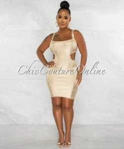 Chic Couture Online JUST IN Roberta Gold Foil Cut-Out Bandage Dress
