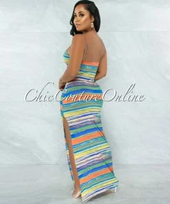 Chic Couture Online Shyla Blue Yellow Stripes Cut-Out Front Tie Maxi Dress