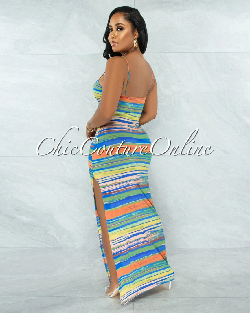 Chic Couture Online Shyla Blue Yellow Stripes Cut-Out Front Tie Maxi Dress