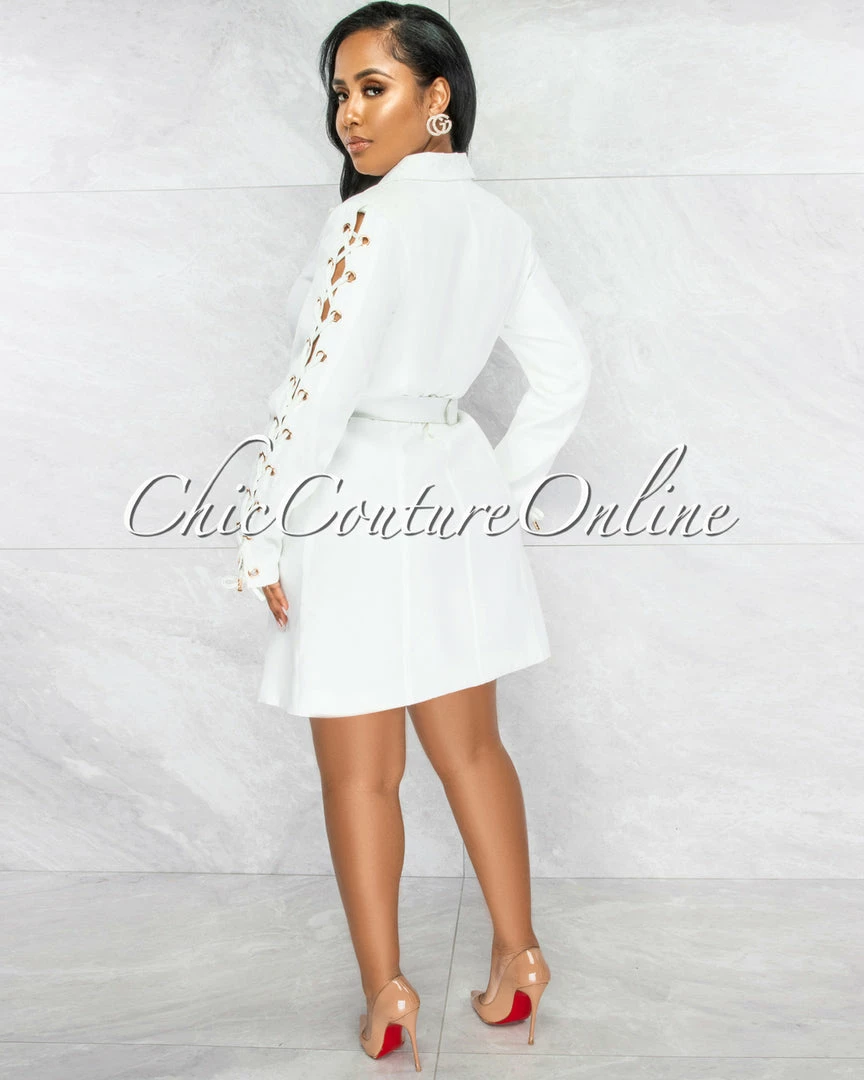 Vendor-unknown Rusalka Off-White Double Trench Gold Buttons Belt Dress