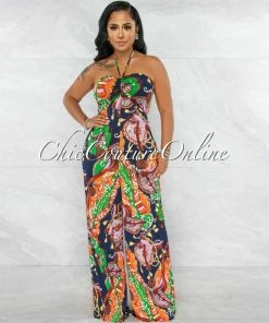 Vendor-unknown Larsen Navy Multi-Color Print Wide Legs Jumpsuit JUST IN