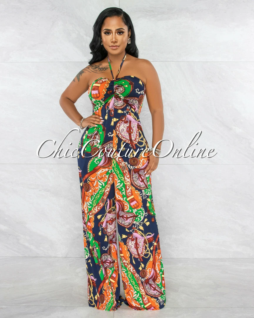 Vendor-unknown Larsen Navy Multi-Color Print Wide Legs Jumpsuit JUST IN