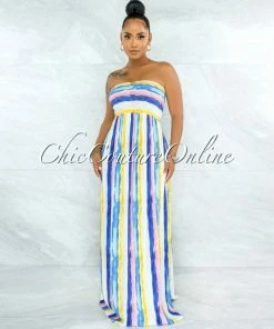 Vendor-unknown JUST IN Gardner Blue Yellow Stripes Smocked Strappy Back Maxi Dress