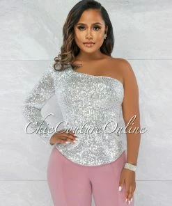 Vendor-unknown Romina Silver Single Sleeve Sequins Top
