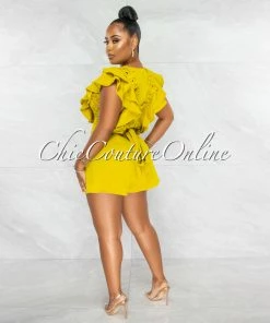 Chic Couture Online Hayley Lime Crochet Lace Ruffle Flutter Romper