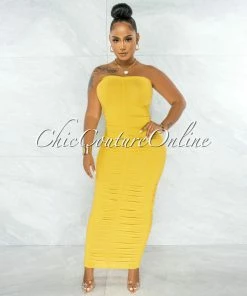 Chic Couture Online Nancy Yellow Ruched Strapless Maxi Dress JUST IN