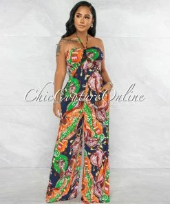 Vendor-unknown Larsen Navy Multi-Color Print Wide Legs Jumpsuit JUST IN