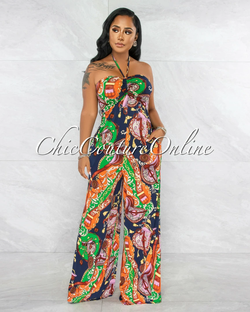 Vendor-unknown Larsen Navy Multi-Color Print Wide Legs Jumpsuit JUST IN