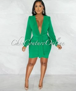 Chic Couture Online JUST IN Umaya Kelly Green Draped Bodysuit & Ruched Skirt Set