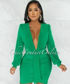 Chic Couture Online JUST IN Umaya Kelly Green Draped Bodysuit & Ruched Skirt Set
