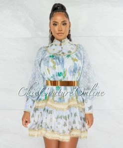 Chic Couture Online Dorena Sage Floral Print Gold Details Skater Dress