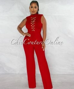Chic Couture Online Brandy Red Gold Link Lace-Up Jumpsuit JUST IN