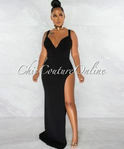 Chic Couture Online JUST IN Haraly Black Pleated Bust Corset Draped Slit Maxi Dress