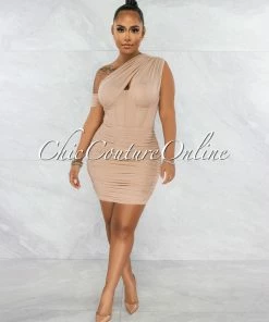 Chic Couture Online JUST IN Belicia Nude Mesh Ruched One Shoulder Corset Dress