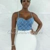 Vendor-unknown Carola Light Blue Denim Rhinestones Lattice Crop Top JUST IN