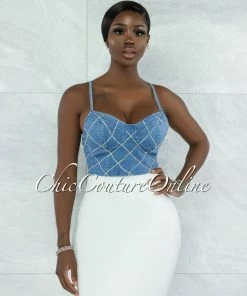 Vendor-unknown Carola Light Blue Denim Rhinestones Lattice Crop Top JUST IN