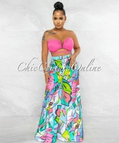 Vendor-unknown JUST IN Balvina Hot Pink Gold Accent Top Multi-Color Pants Set