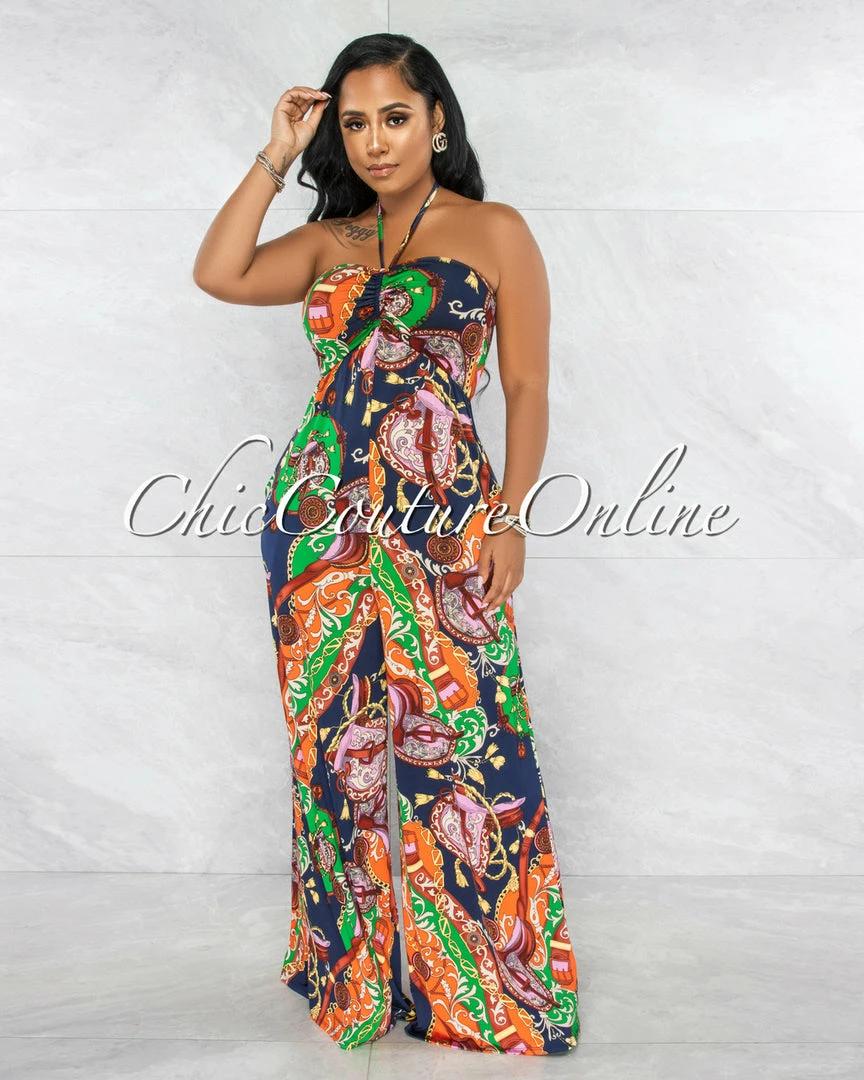 Vendor-unknown Larsen Navy Multi-Color Print Wide Legs Jumpsuit JUST IN