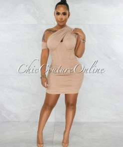 Chic Couture Online JUST IN Belicia Nude Mesh Ruched One Shoulder Corset Dress