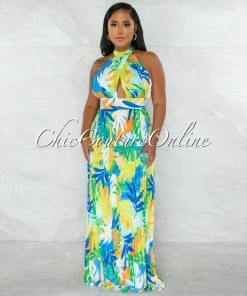 Chic Couture Online Patience White Multi-Color Print Halter Maxi Pleated Dress