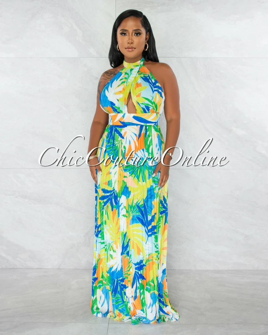 Chic Couture Online Patience White Multi-Color Print Halter Maxi Pleated Dress