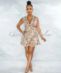 Chic Couture Online JUST IN Elmar Brown Nude Print O-Ring Ruffle Hem Dress