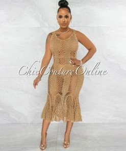 Vendor-unknown Prestado Mocha Crochet Midi Dress