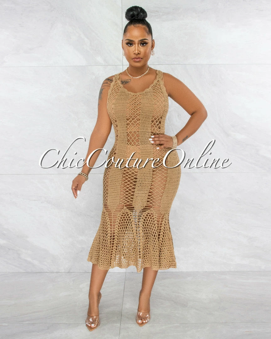 Vendor-unknown Prestado Mocha Crochet Midi Dress