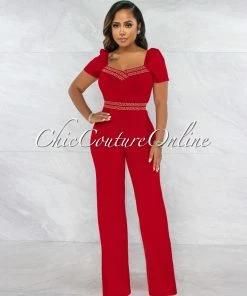 Vendor-unknown Andres Red Nude Fret Print Bubble Sleeves Jumpsuit JUST IN