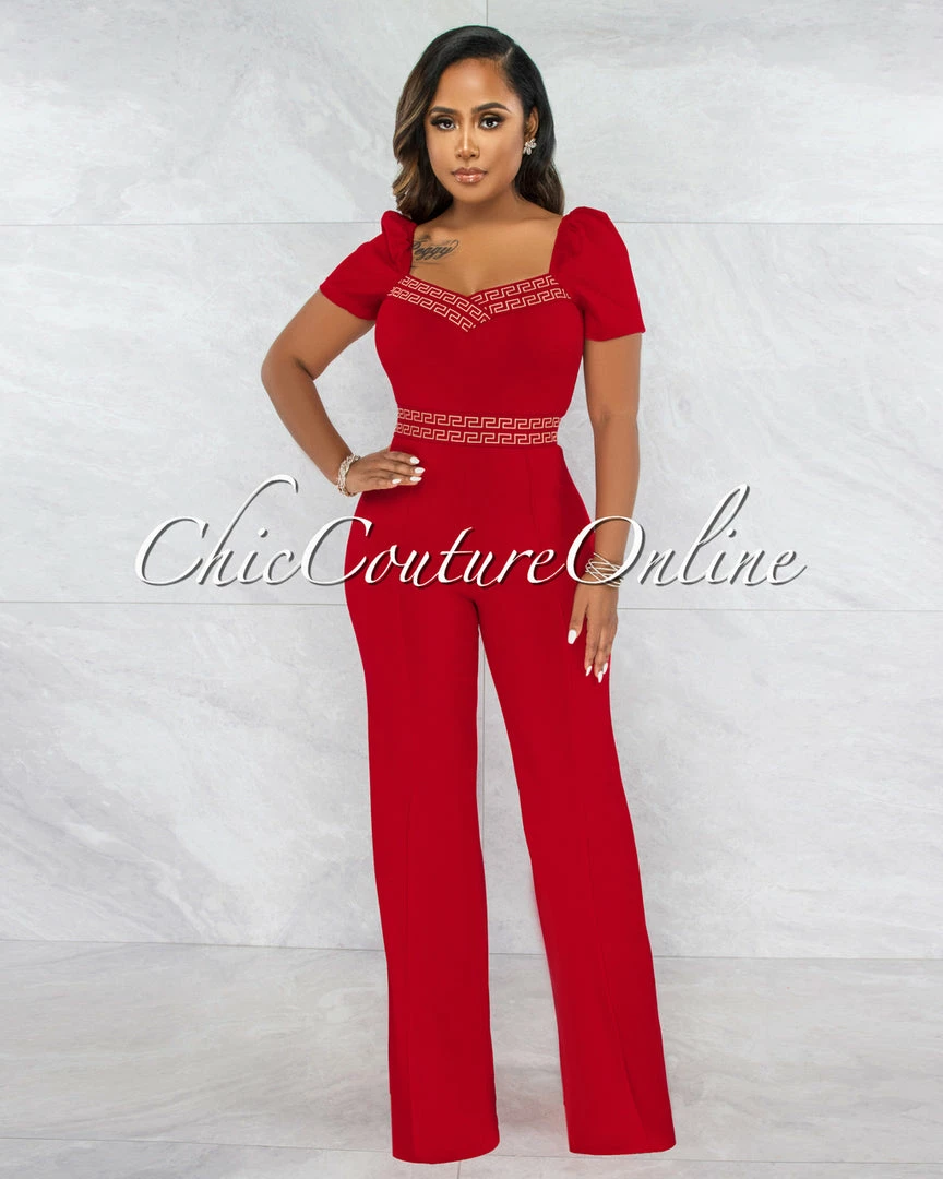 Vendor-unknown Andres Red Nude Fret Print Bubble Sleeves Jumpsuit JUST IN