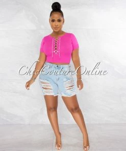 Chic Couture Online JUST IN Malowa Fuchsia Rhinestones Lace-Up Ribbed Crop Top
