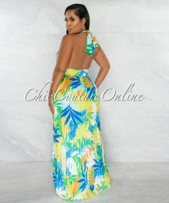 Chic Couture Online Patience White Multi-Color Print Halter Maxi Pleated Dress