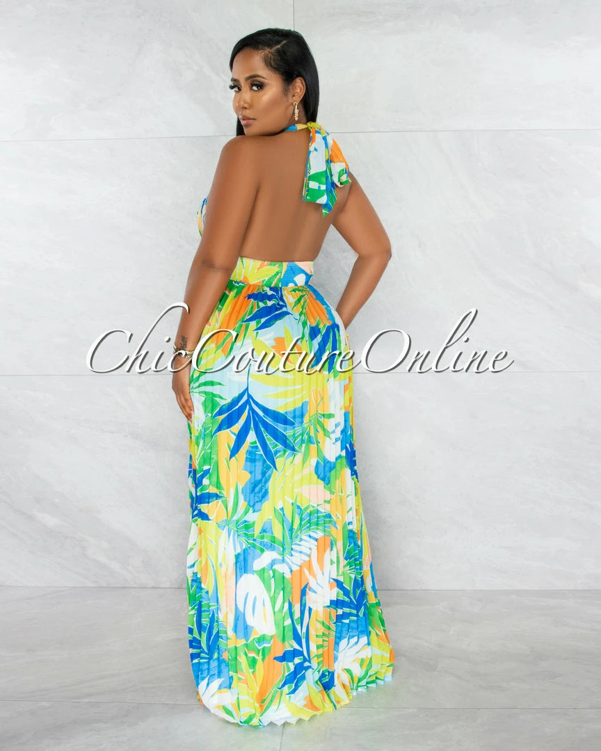Chic Couture Online Patience White Multi-Color Print Halter Maxi Pleated Dress