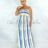 Vendor-unknown JUST IN Gardner Blue Yellow Stripes Smocked Strappy Back Maxi Dress